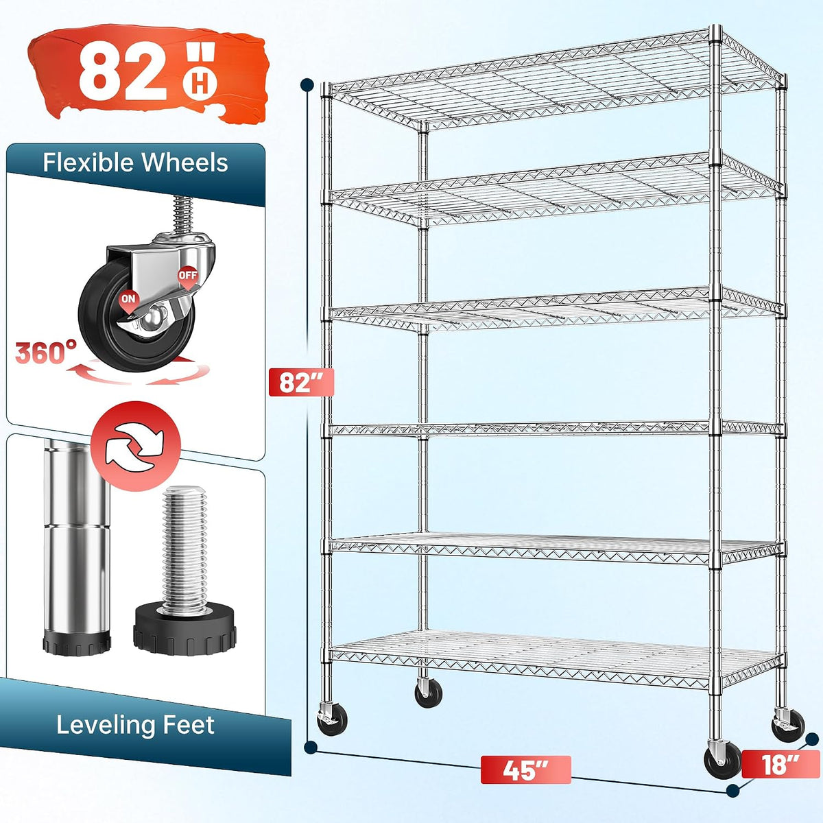Heavy Duty 6-Tier Rolling Storage Shelves with Wheels for Garage