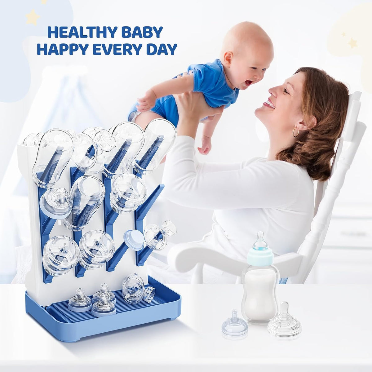 Baby Bottle Drying Rack, Space Saving Vertical Bottle Dryer Holder | Standing Bottle Drying Rack for Countertop Kitchen Organize Bottles, Brushes, Baby Accessories, Gray