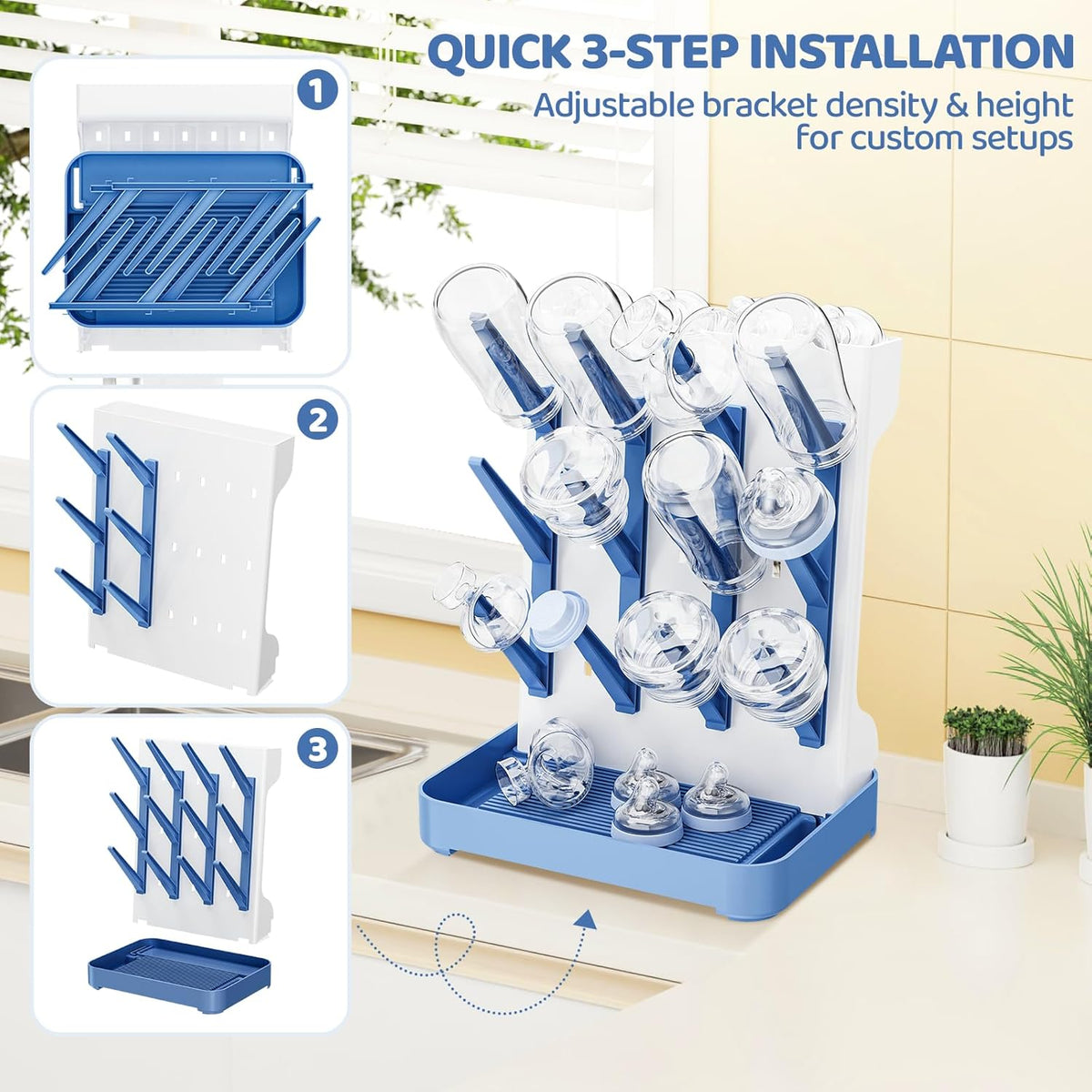 Baby Bottle Drying Rack, Space Saving Vertical Bottle Dryer Holder | Standing Bottle Drying Rack for Countertop Kitchen Organize Bottles, Brushes, Baby Accessories, Gray