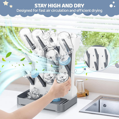 Baby Bottle Drying Rack, Space Saving Vertical Bottle Dryer Holder | Standing Bottle Drying Rack for Countertop Kitchen Organize Bottles, Brushes, Baby Accessories, Gray