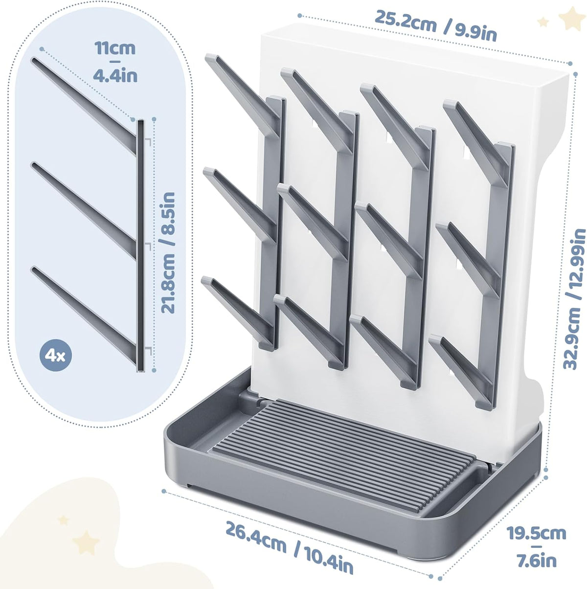 Baby Bottle Drying Rack, Space Saving Vertical Bottle Dryer Holder | Standing Bottle Drying Rack for Countertop Kitchen Organize Bottles, Brushes, Baby Accessories, Gray