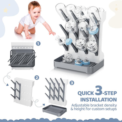 Baby Bottle Drying Rack, Space Saving Vertical Bottle Dryer Holder | Standing Bottle Drying Rack for Countertop Kitchen Organize Bottles, Brushes, Baby Accessories, Gray