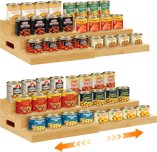 2 Pack Bamboo Expandable Can Rack Organizer for Pantry, Stackable 3 Tier Canned Food Organizers and Storage, Kitchen Cabinet, Food Can Holders Dispensers for Pantry Up To 48 Cans