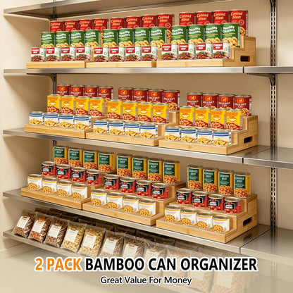 2 Pack Bamboo Expandable Can Rack Organizer for Pantry, Stackable 3 Tier Canned Food Organizers and Storage, Kitchen Cabinet, Food Can Holders Dispensers for Pantry Up To 48 Cans