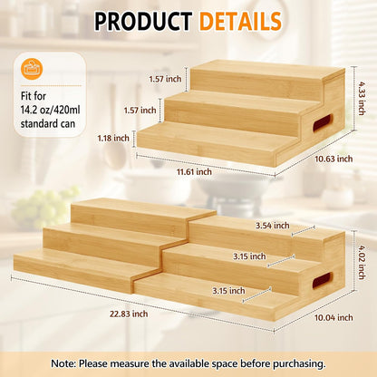 2 Pack Bamboo Expandable Can Rack Organizer for Pantry, Stackable 3 Tier Canned Food Organizers and Storage, Kitchen Cabinet, Food Can Holders Dispensers for Pantry Up To 48 Cans
