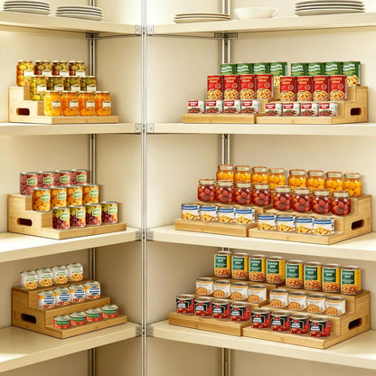 2 Pack Bamboo Expandable Can Rack Organizer for Pantry, Stackable 3 Tier Canned Food Organizers and Storage, Kitchen Cabinet, Food Can Holders Dispensers for Pantry Up To 48 Cans