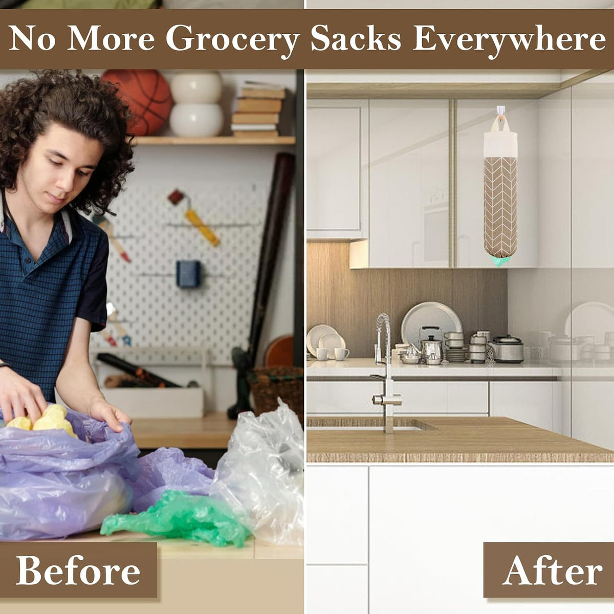 Plastic Bag Holder, Canvas Grocery Bag Holder Dispenser, Wall Mount Shopping Trash Bag Storage Organizer for Home Kitchen Camper RV Car