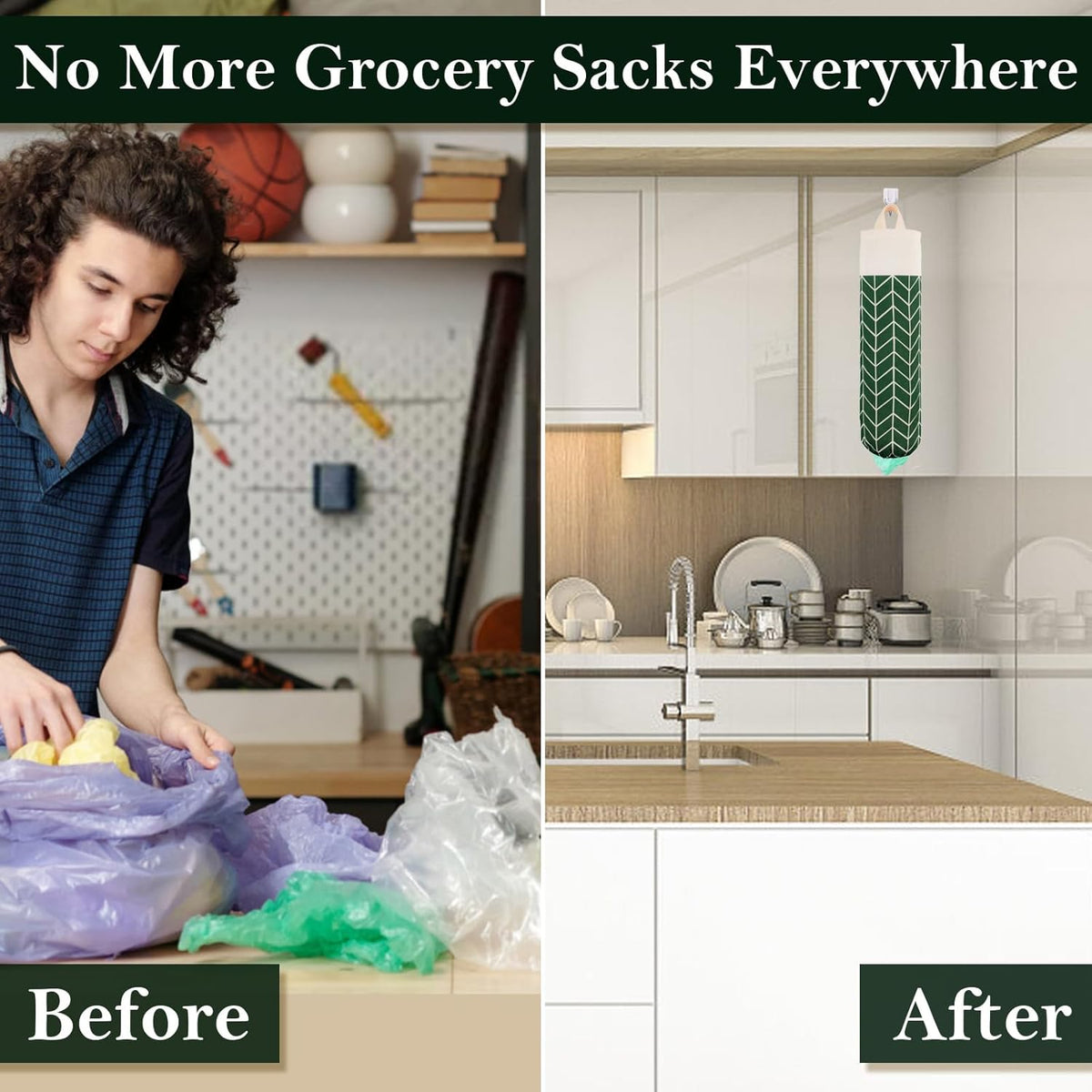 Plastic Bag Holder, Canvas Grocery Bag Holder Dispenser, Wall Mount Shopping Trash Bag Storage Organizer for Home Kitchen Camper RV Car