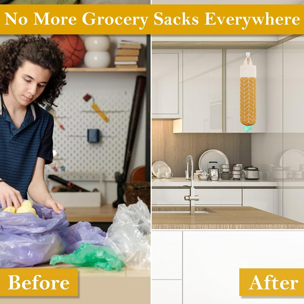 Plastic Bag Holder, Canvas Grocery Bag Holder Dispenser, Wall Mount Shopping Trash Bag Storage Organizer for Home Kitchen Camper RV Car