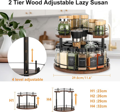Turntable Lazy Susan Organizer Spice Rack, 2Tier Wooden Spinning Revolving Organizer Height Adjustable,12'' Seasoning Rotating Spice Rack for Cabinet,Kitchen Countertop,Dining Table,Vanity Storage