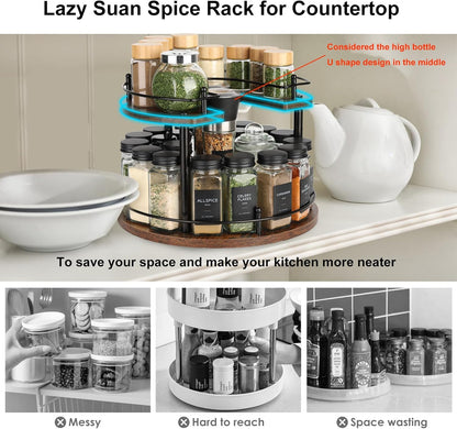 Turntable Lazy Susan Organizer Spice Rack, 2Tier Wooden Spinning Revolving Organizer Height Adjustable,12'' Seasoning Rotating Spice Rack for Cabinet,Kitchen Countertop,Dining Table,Vanity Storage