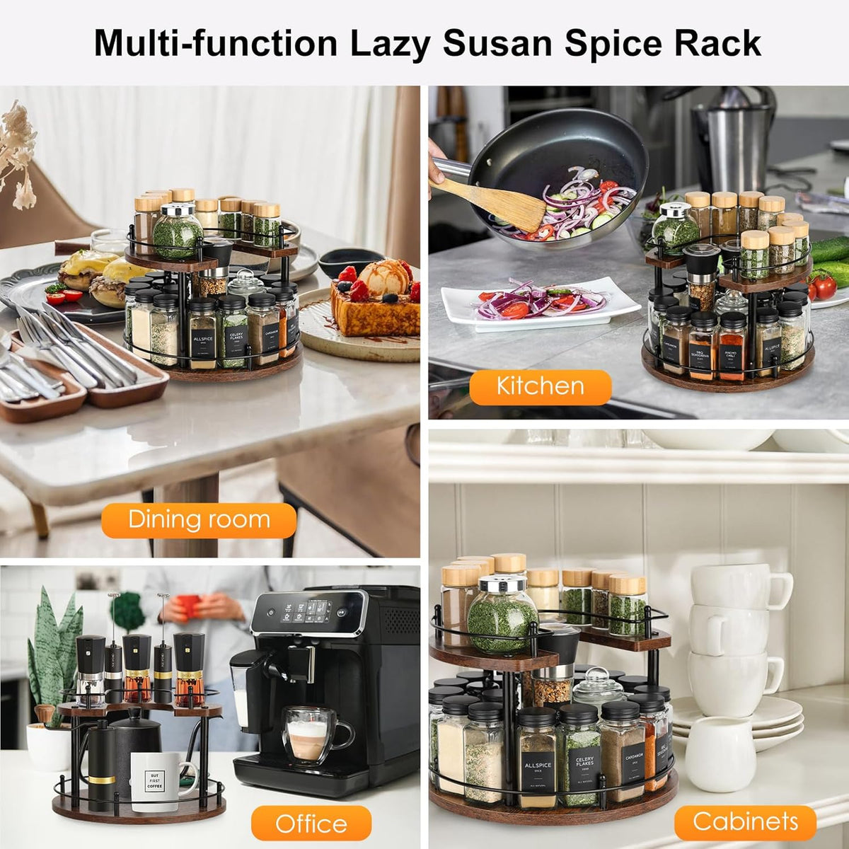 Turntable Lazy Susan Organizer Spice Rack, 2Tier Wooden Spinning Revolving Organizer Height Adjustable,12'' Seasoning Rotating Spice Rack for Cabinet,Kitchen Countertop,Dining Table,Vanity Storage