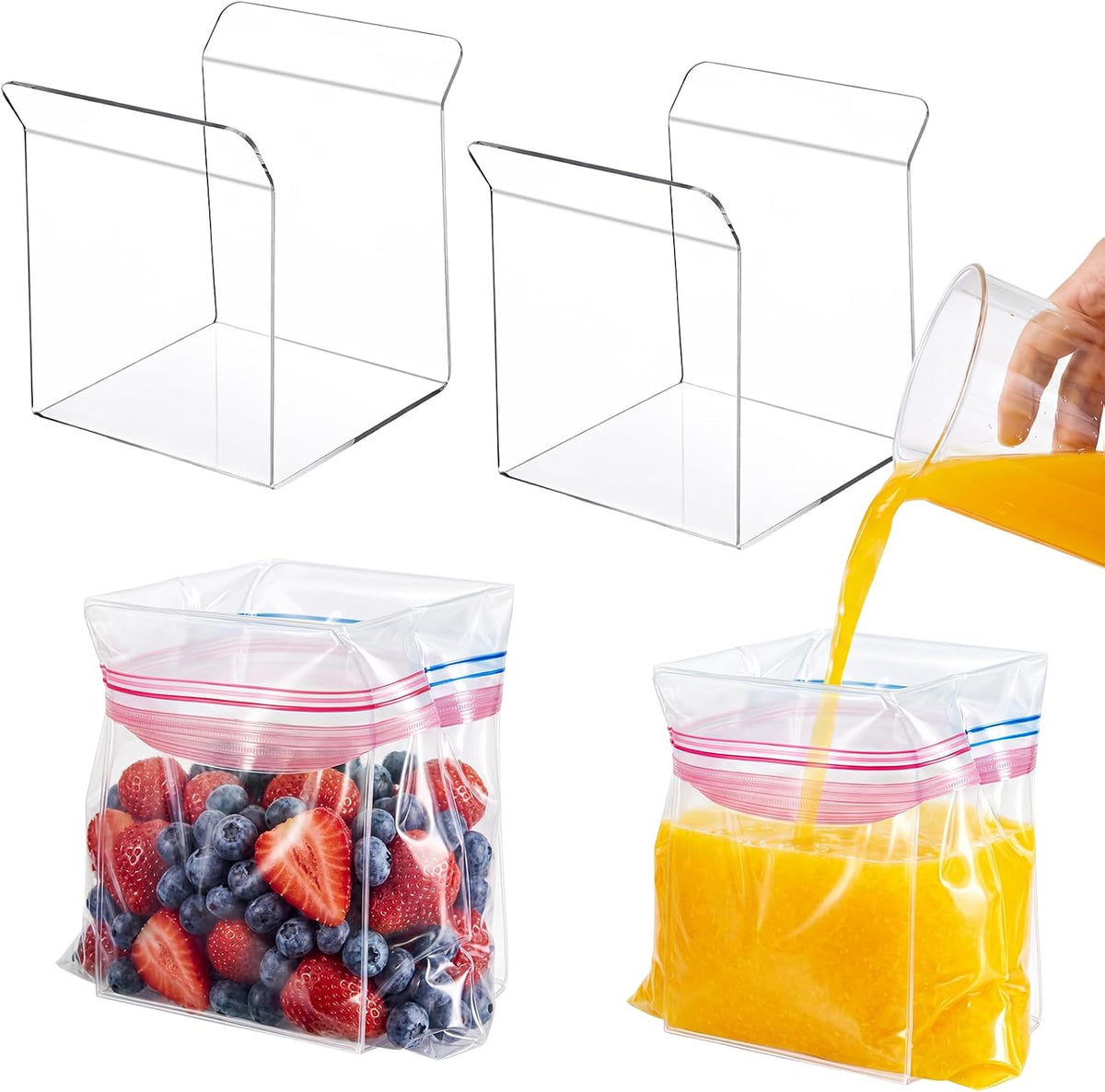 4 Pack Acrylic Bag Holder for Food Prep Bag 2 Sizes Clear Baggy Rack Holder Food Storage Baggy Stand for Filling Make Prep Freezer Meals Hands-free to Pour Leftovers, Quart & Gallon Sizes
