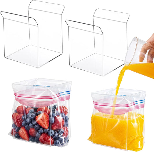 4 Pack Acrylic Bag Holder for Food Prep Bag 2 Sizes Clear Baggy Rack Holder Food Storage Baggy Stand for Filling Make Prep Freezer Meals Hands-free to Pour Leftovers, Quart & Gallon Sizes