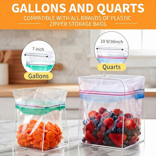 4 Pack Acrylic Bag Holder for Food Prep Bag 2 Sizes Clear Baggy Rack Holder Food Storage Baggy Stand for Filling Make Prep Freezer Meals Hands-free to Pour Leftovers, Quart & Gallon Sizes