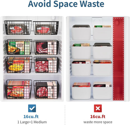 Freezer Organizer Bins - For 16 Cu Ft Upright Freezer, White | Wire Baskets 3 Large & 3 Medium Sizes, Slide-Out for Easy Access, Prevent Food Falling Out, Keep Stand-Up Freezer Organized