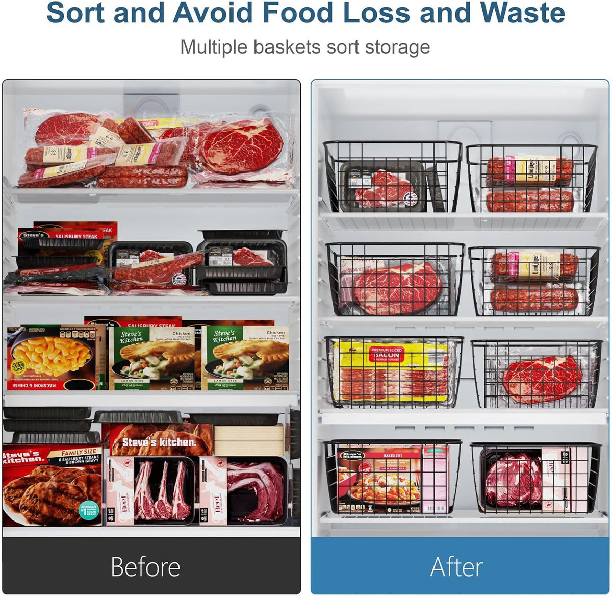 Freezer Organizer Bins - For 16 Cu Ft Upright Freezer, White | Wire Baskets 3 Large & 3 Medium Sizes, Slide-Out for Easy Access, Prevent Food Falling Out, Keep Stand-Up Freezer Organized