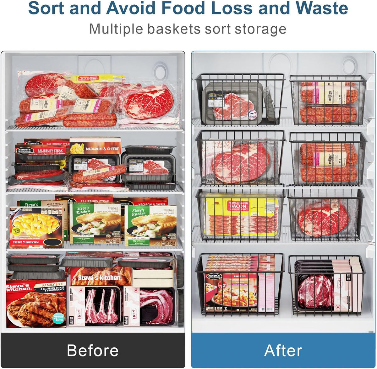 Freezer Organizer Bins - For 16 Cu Ft Upright Freezer, White | Wire Baskets 3 Large & 3 Medium Sizes, Slide-Out for Easy Access, Prevent Food Falling Out, Keep Stand-Up Freezer Organized