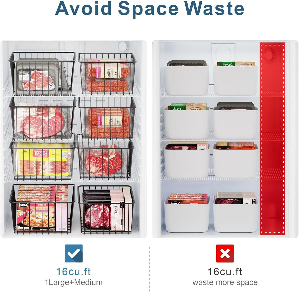 Freezer Organizer Bins - For 16 Cu Ft Upright Freezer, White | Wire Baskets 3 Large & 3 Medium Sizes, Slide-Out for Easy Access, Prevent Food Falling Out, Keep Stand-Up Freezer Organized