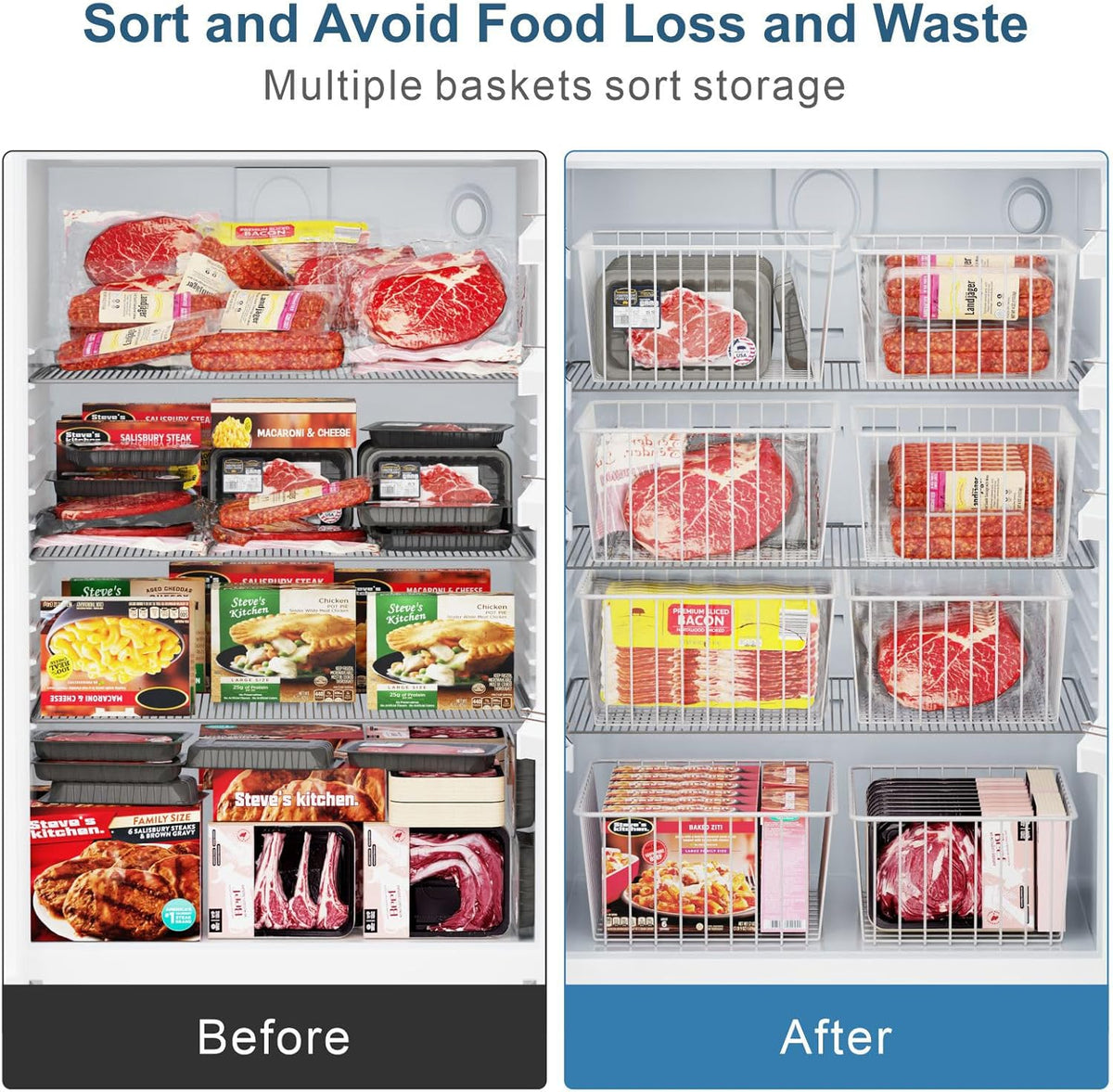 Freezer Organizer Bins - For 16 Cu Ft Upright Freezer, White | Wire Baskets 3 Large & 3 Medium Sizes, Slide-Out for Easy Access, Prevent Food Falling Out, Keep Stand-Up Freezer Organized