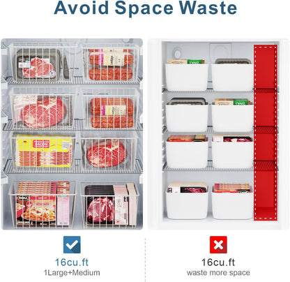 Freezer Organizer Bins - For 16 Cu Ft Upright Freezer, White | Wire Baskets 3 Large & 3 Medium Sizes, Slide-Out for Easy Access, Prevent Food Falling Out, Keep Stand-Up Freezer Organized