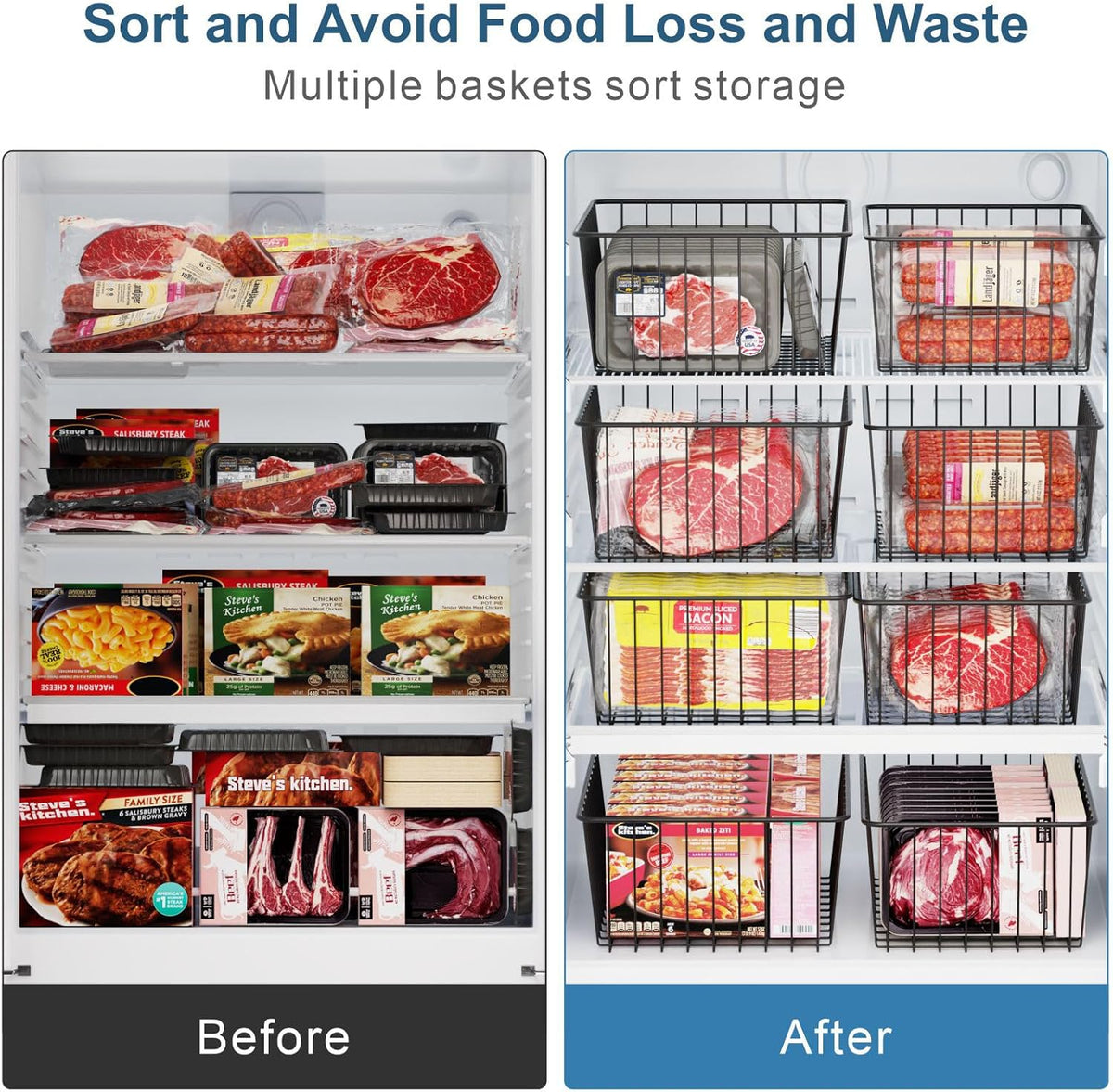 Freezer Organizer Bins - For 16 Cu Ft Upright Freezer, White | Wire Baskets 3 Large & 3 Medium Sizes, Slide-Out for Easy Access, Prevent Food Falling Out, Keep Stand-Up Freezer Organized