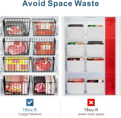 Freezer Organizer Bins - For 16 Cu Ft Upright Freezer, White | Wire Baskets 3 Large & 3 Medium Sizes, Slide-Out for Easy Access, Prevent Food Falling Out, Keep Stand-Up Freezer Organized