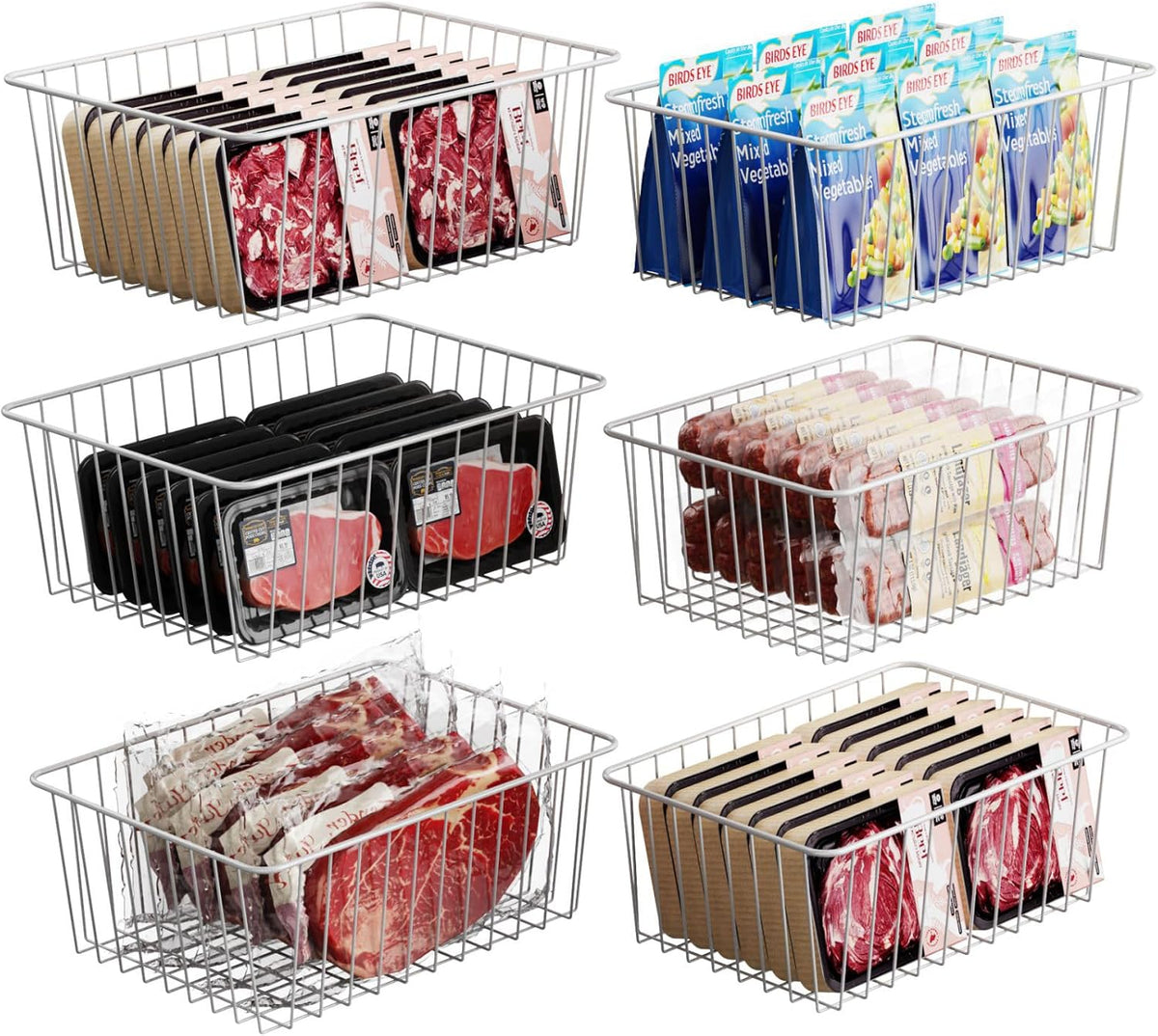 Freezer Organizer Bins - For 16 Cu Ft Upright Freezer, White | Wire Baskets 3 Large & 3 Medium Sizes, Slide-Out for Easy Access, Prevent Food Falling Out, Keep Stand-Up Freezer Organized