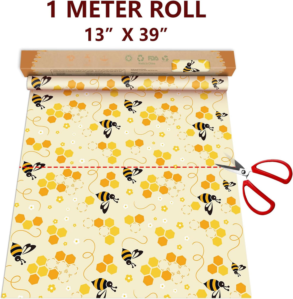 Beeswax Wraps for Food Roll(13x39inch), Organic Beeswax Wrap Beeswax Food Wraps Reusable Food Wrap Sustainable Beeswax Paper Beeswax Sandwich Wrap Beeswax Storage Cloth (Bees)