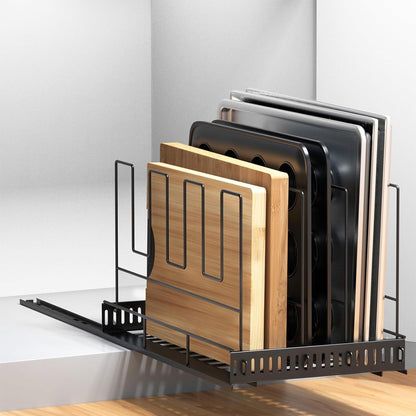 Pull Out Baking Tray and Cookie Sheet Cutting Board Organizer | 13"-22" Expandable, 21.5" Deep, 8 Adjustable Dividers, Slide Rail Design, Stainless Steel Structure, Adhesive/Screw Fixing