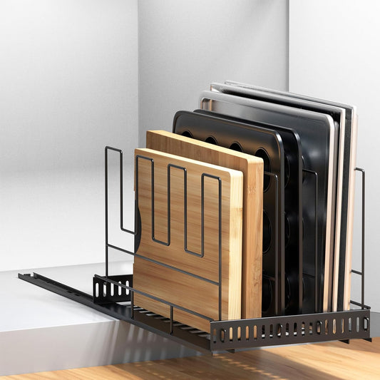 Pull Out Baking Tray and Cookie Sheet Cutting Board Organizer | 13"-22" Expandable, 21.5" Deep, 8 Adjustable Dividers, Slide Rail Design, Stainless Steel Structure, Adhesive/Screw Fixing
