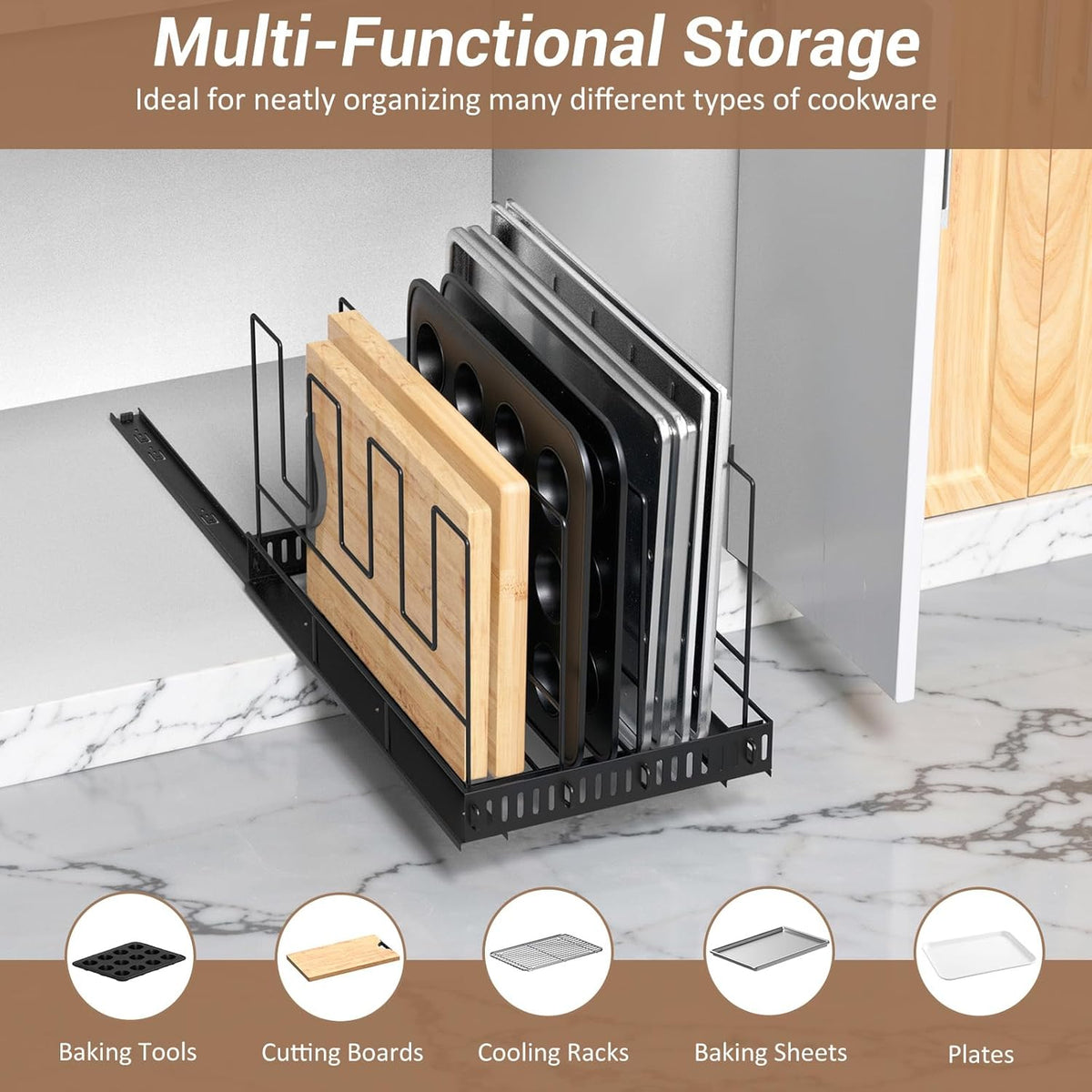 Pull Out Baking Tray and Cookie Sheet Cutting Board Organizer | 13"-22" Expandable, 21.5" Deep, 8 Adjustable Dividers, Slide Rail Design, Stainless Steel Structure, Adhesive/Screw Fixing