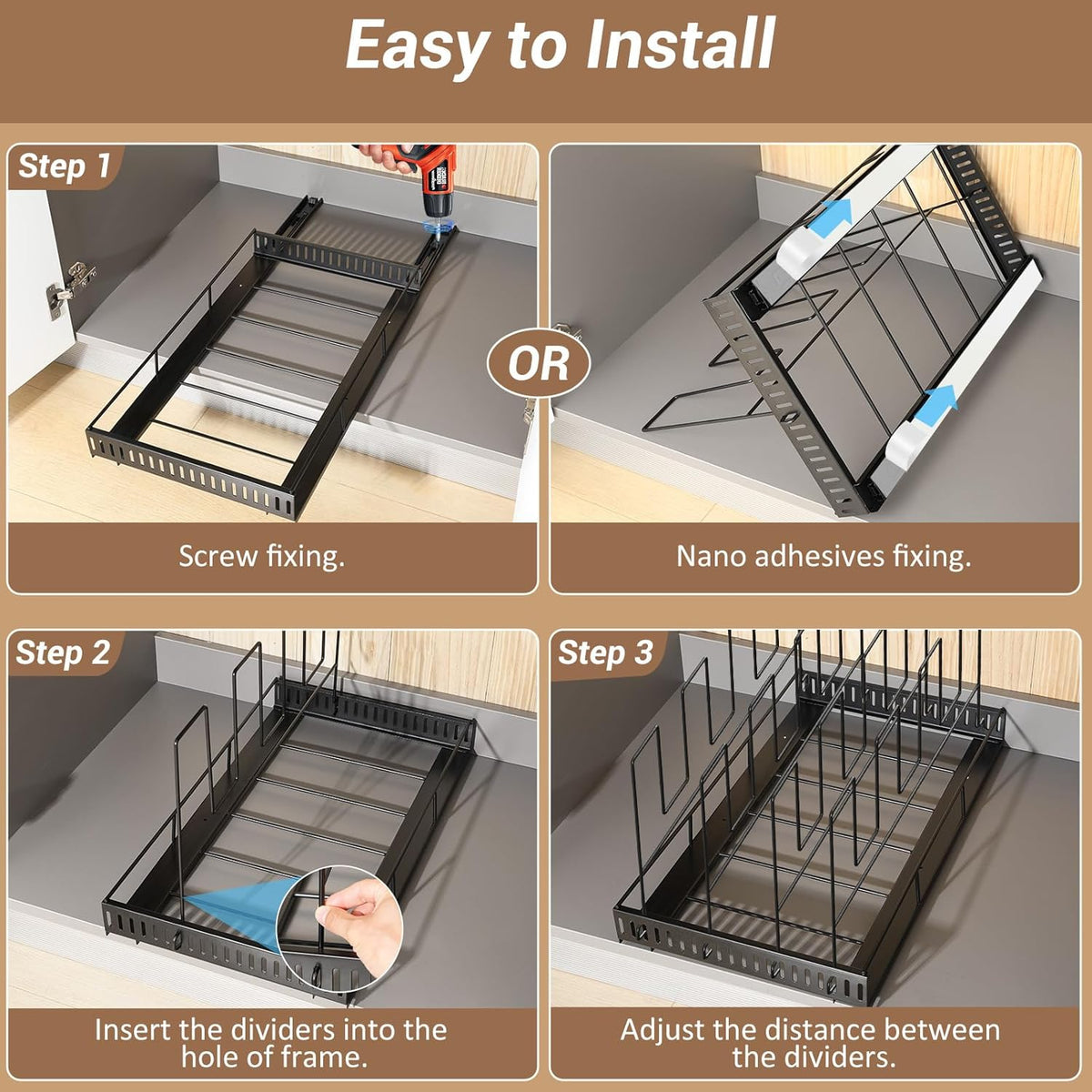 Pull Out Baking Tray and Cookie Sheet Cutting Board Organizer | 13"-22" Expandable, 21.5" Deep, 8 Adjustable Dividers, Slide Rail Design, Stainless Steel Structure, Adhesive/Screw Fixing