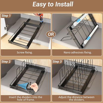 Pull Out Baking Tray and Cookie Sheet Cutting Board Organizer | 13"-22" Expandable, 21.5" Deep, 8 Adjustable Dividers, Slide Rail Design, Stainless Steel Structure, Adhesive/Screw Fixing