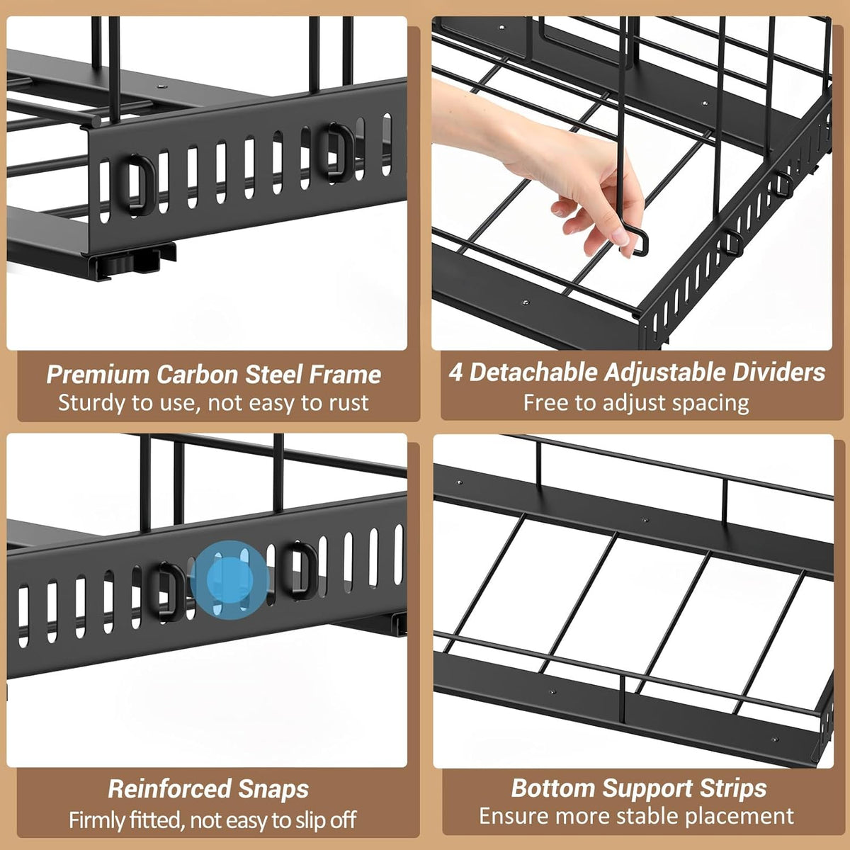 Pull Out Baking Tray and Cookie Sheet Cutting Board Organizer | 13"-22" Expandable, 21.5" Deep, 8 Adjustable Dividers, Slide Rail Design, Stainless Steel Structure, Adhesive/Screw Fixing