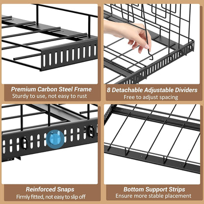 Pull Out Baking Tray and Cookie Sheet Cutting Board Organizer | 13"-22" Expandable, 21.5" Deep, 8 Adjustable Dividers, Slide Rail Design, Stainless Steel Structure, Adhesive/Screw Fixing