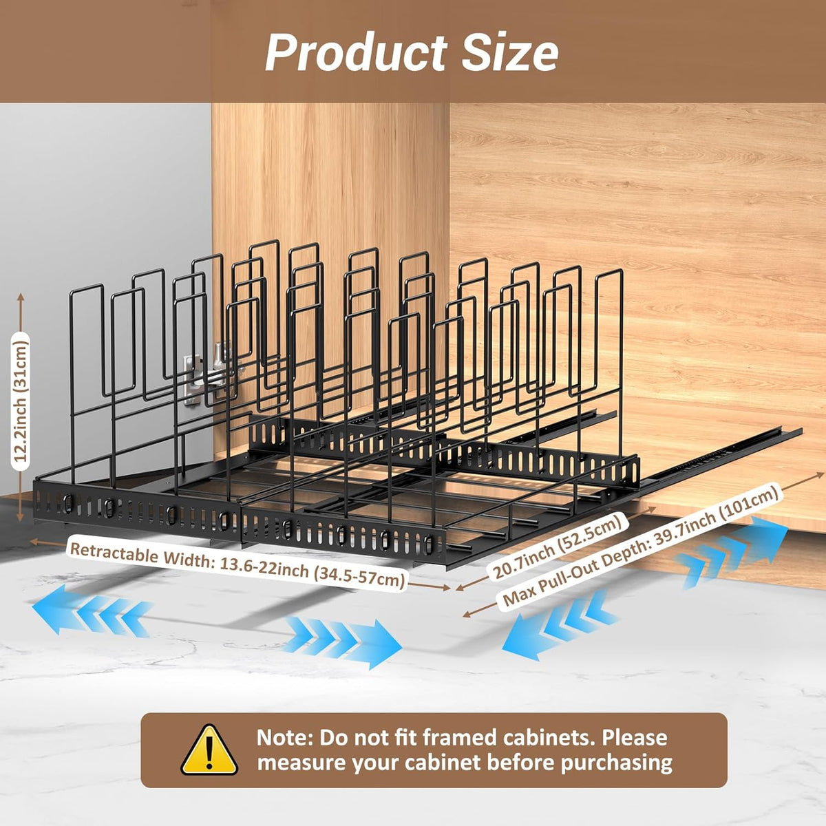 Pull Out Baking Tray and Cookie Sheet Cutting Board Organizer | 13"-22" Expandable, 21.5" Deep, 8 Adjustable Dividers, Slide Rail Design, Stainless Steel Structure, Adhesive/Screw Fixing