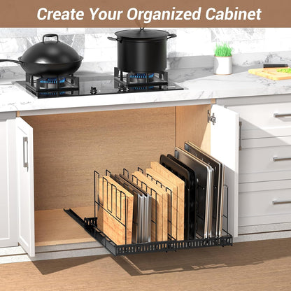 Pull Out Baking Tray and Cookie Sheet Cutting Board Organizer | 13"-22" Expandable, 21.5" Deep, 8 Adjustable Dividers, Slide Rail Design, Stainless Steel Structure, Adhesive/Screw Fixing
