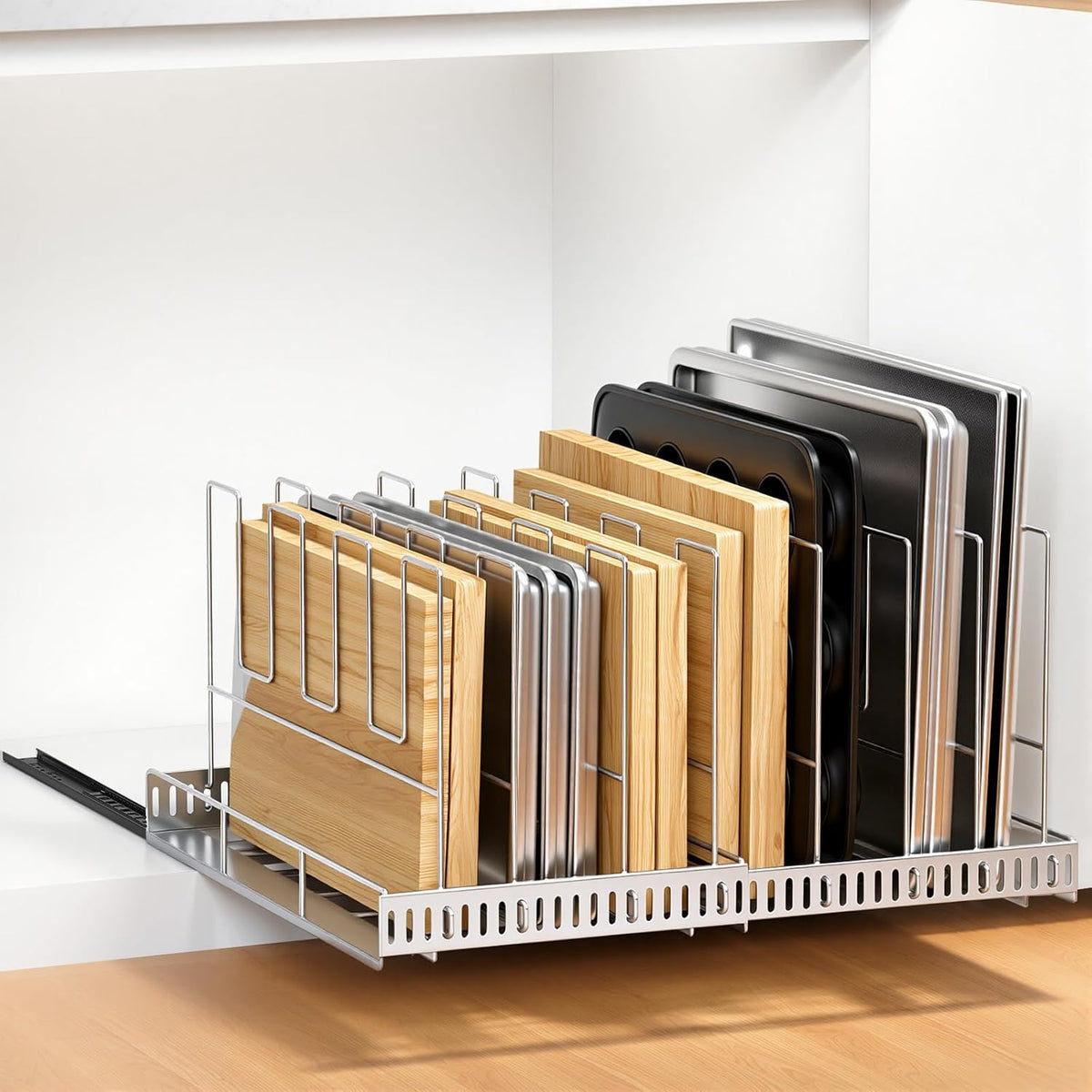 Pull Out Baking Tray and Cookie Sheet Cutting Board Organizer | 13"-22" Expandable, 21.5" Deep, 8 Adjustable Dividers, Slide Rail Design, Stainless Steel Structure, Adhesive/Screw Fixing
