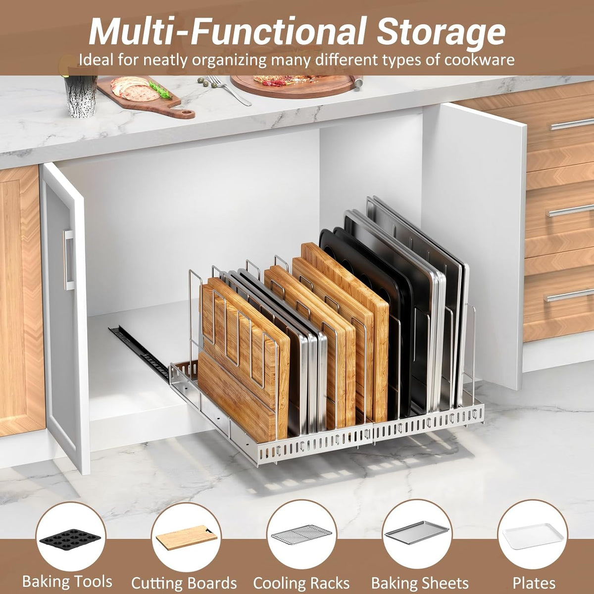 Pull Out Baking Tray and Cookie Sheet Cutting Board Organizer | 13"-22" Expandable, 21.5" Deep, 8 Adjustable Dividers, Slide Rail Design, Stainless Steel Structure, Adhesive/Screw Fixing
