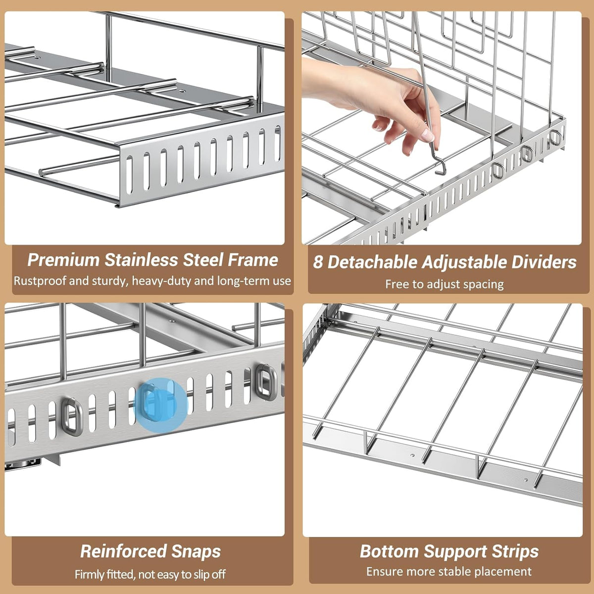 Pull Out Baking Tray and Cookie Sheet Cutting Board Organizer | 13"-22" Expandable, 21.5" Deep, 8 Adjustable Dividers, Slide Rail Design, Stainless Steel Structure, Adhesive/Screw Fixing