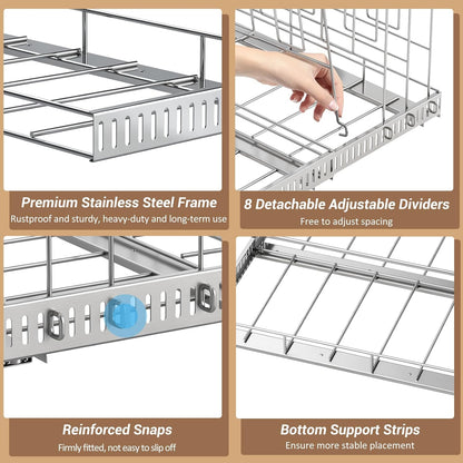 Pull Out Baking Tray and Cookie Sheet Cutting Board Organizer | 13"-22" Expandable, 21.5" Deep, 8 Adjustable Dividers, Slide Rail Design, Stainless Steel Structure, Adhesive/Screw Fixing