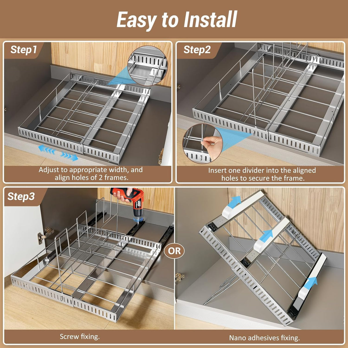 Pull Out Baking Tray and Cookie Sheet Cutting Board Organizer | 13"-22" Expandable, 21.5" Deep, 8 Adjustable Dividers, Slide Rail Design, Stainless Steel Structure, Adhesive/Screw Fixing