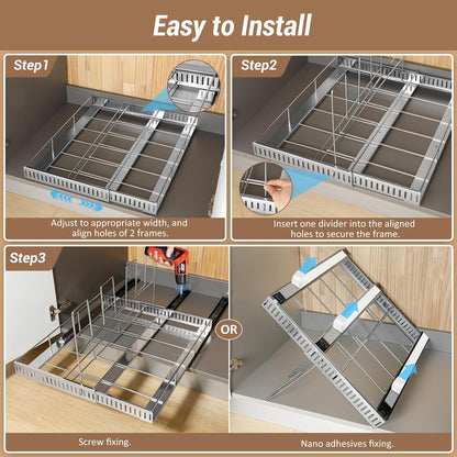 Pull Out Baking Tray and Cookie Sheet Cutting Board Organizer | 13"-22" Expandable, 21.5" Deep, 8 Adjustable Dividers, Slide Rail Design, Stainless Steel Structure, Adhesive/Screw Fixing