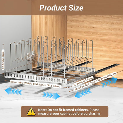 Pull Out Baking Tray and Cookie Sheet Cutting Board Organizer | 13"-22" Expandable, 21.5" Deep, 8 Adjustable Dividers, Slide Rail Design, Stainless Steel Structure, Adhesive/Screw Fixing