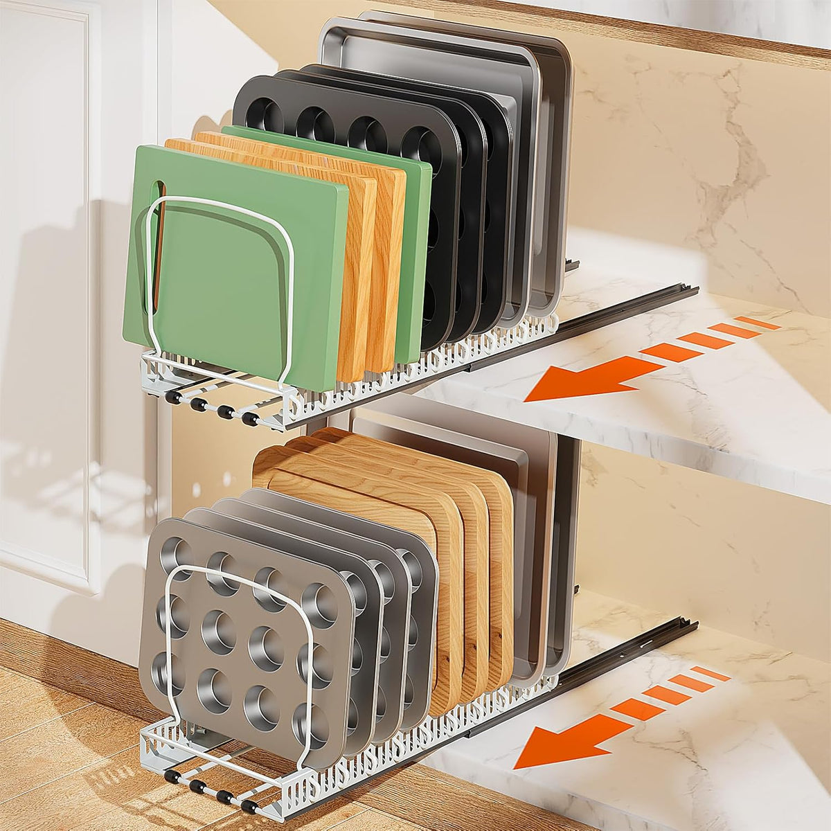Pull Out Baking Tray and Cookie Sheet Cutting Board Organizer | 13"-22" Expandable, 21.5" Deep, 8 Adjustable Dividers, Slide Rail Design, Stainless Steel Structure, Adhesive/Screw Fixing