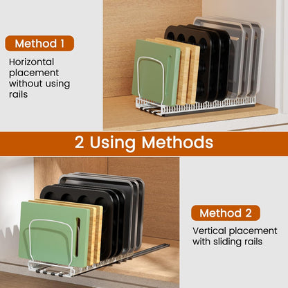 Pull Out Baking Tray and Cookie Sheet Cutting Board Organizer | 13"-22" Expandable, 21.5" Deep, 8 Adjustable Dividers, Slide Rail Design, Stainless Steel Structure, Adhesive/Screw Fixing