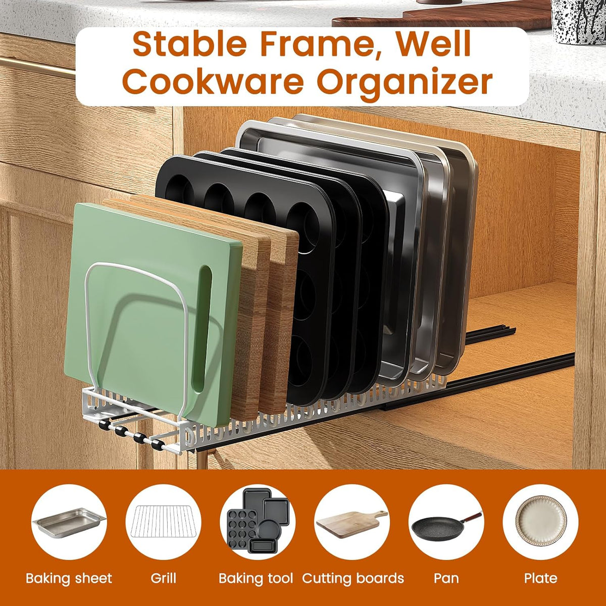 Pull Out Baking Tray and Cookie Sheet Cutting Board Organizer | 13"-22" Expandable, 21.5" Deep, 8 Adjustable Dividers, Slide Rail Design, Stainless Steel Structure, Adhesive/Screw Fixing