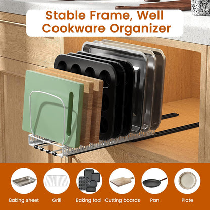 Pull Out Baking Tray and Cookie Sheet Cutting Board Organizer | 13"-22" Expandable, 21.5" Deep, 8 Adjustable Dividers, Slide Rail Design, Stainless Steel Structure, Adhesive/Screw Fixing