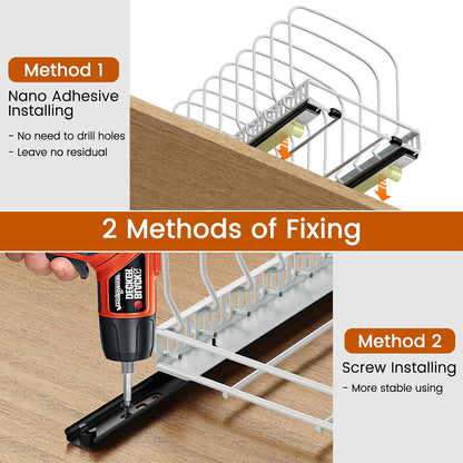 Pull Out Baking Tray and Cookie Sheet Cutting Board Organizer | 13"-22" Expandable, 21.5" Deep, 8 Adjustable Dividers, Slide Rail Design, Stainless Steel Structure, Adhesive/Screw Fixing